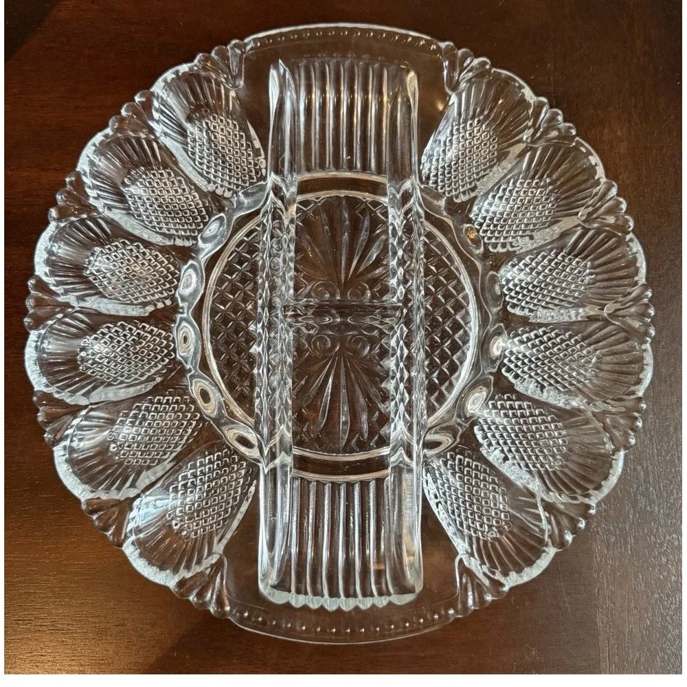 Vintage Clear Pressed Glass Deviled Egg Platter Sunburst Serving Tray